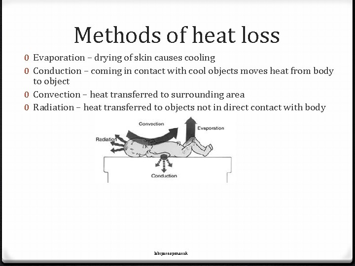 Methods of heat loss 0 Evaporation – drying of skin causes cooling 0 Conduction