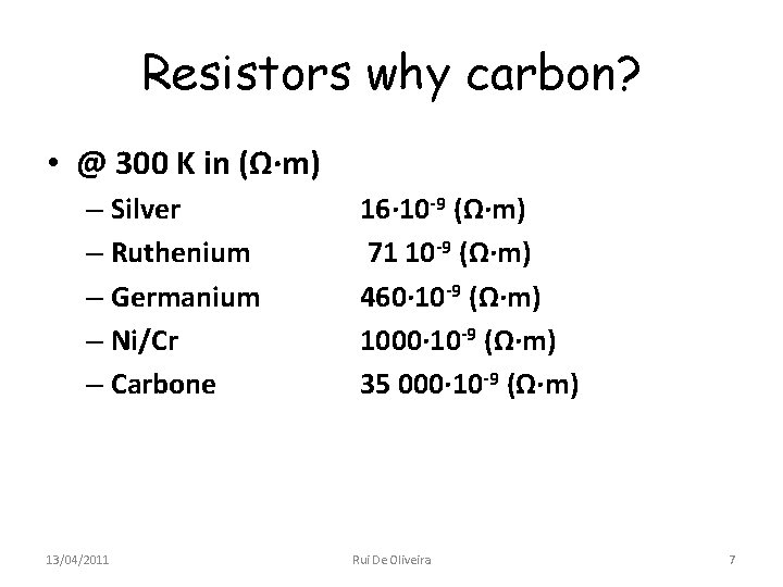 Resistors why carbon? • @ 300 K in (Ω·m) – Silver – Ruthenium –