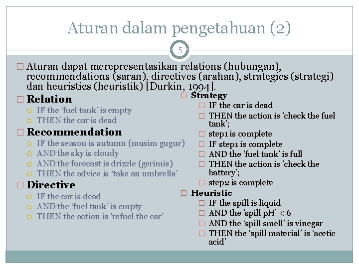 Aturan dalam pengetahuan (2) 5 � Aturan dapat merepresentasikan relations (hubungan), recommendations (saran), directives