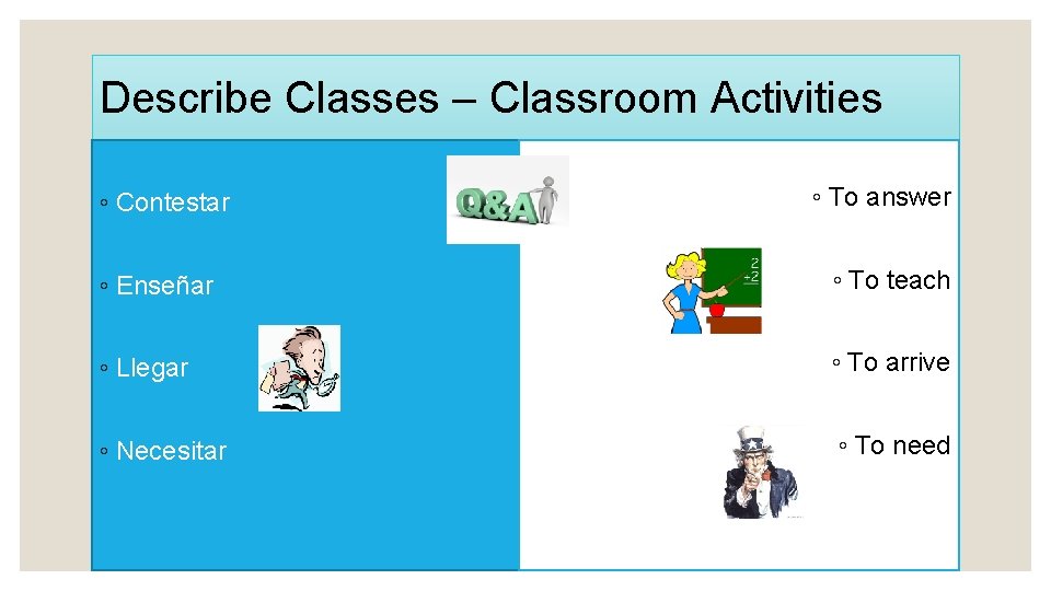 Describe Classes – Classroom Activities ◦ Contestar ◦ To answer ◦ Enseñar ◦ To