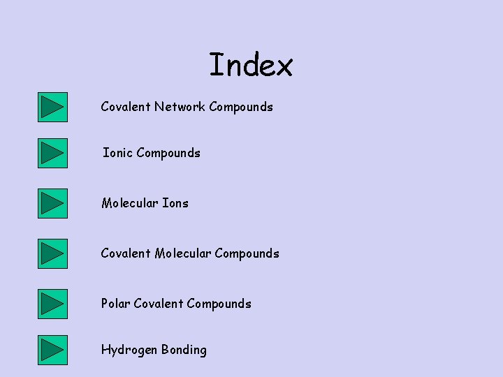 Index Covalent Network Compounds Ionic Compounds Molecular Ions Covalent Molecular Compounds Polar Covalent Compounds