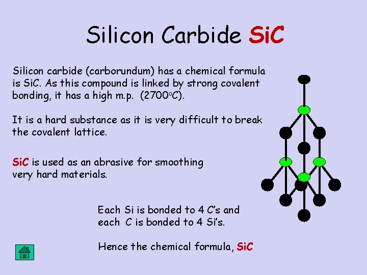 Silicon Carbide Si. C Silicon carbide (carborundum) has a chemical formula is Si. C.