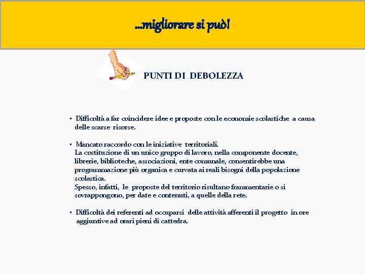 …migliorare si può! PUNTI DI DEBOLEZZA • Difficoltà a far coincidere idee e proposte