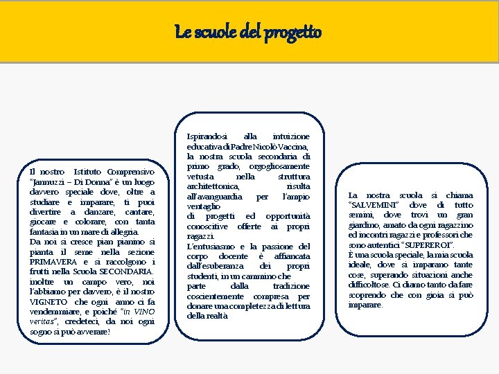 Le scuole del progetto Il nostro Istituto Comprensivo “Jannuzzi – Di Donna” è un