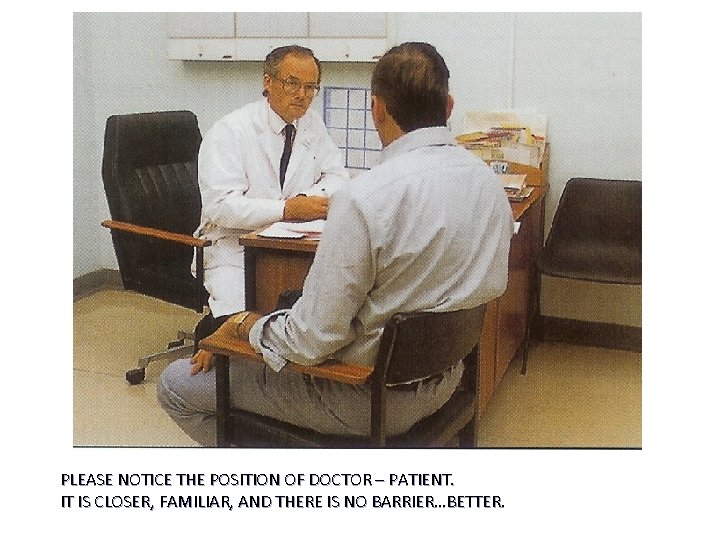 PLEASE NOTICE THE POSITION OF DOCTOR – PATIENT. IT IS CLOSER, FAMILIAR, AND THERE