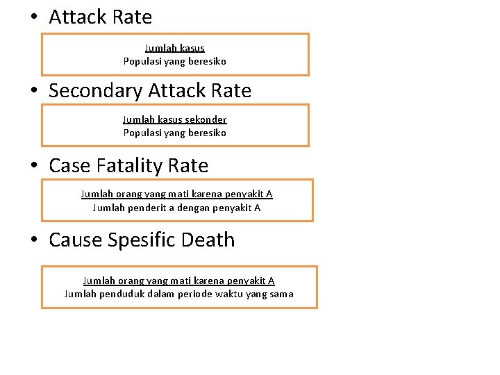  • Attack Rate Jumlah kasus Populasi yang beresiko • Secondary Attack Rate Jumlah
