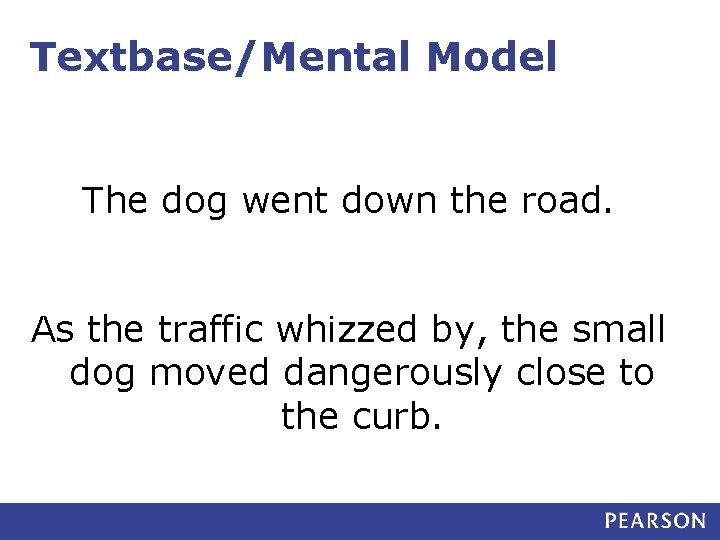 Textbase/Mental Model The dog went down the road. As the traffic whizzed by, the