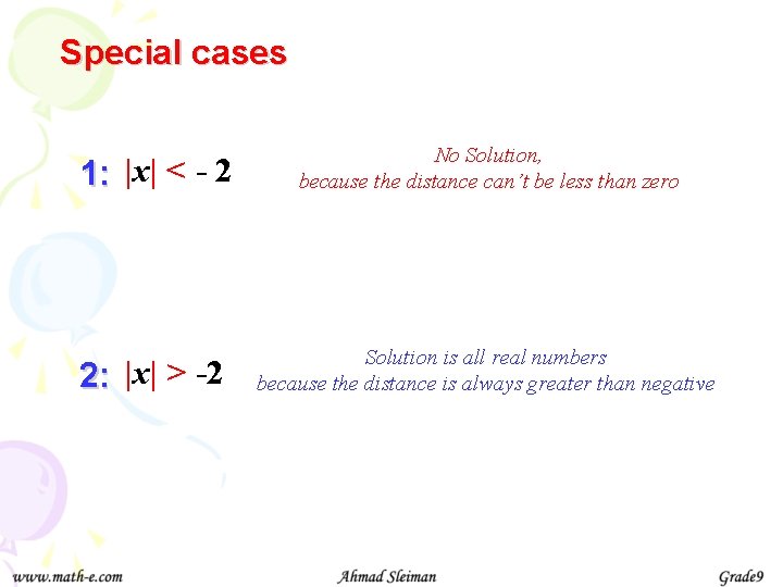 Special cases 1: |x| < - 2 No Solution, because the distance can’t be