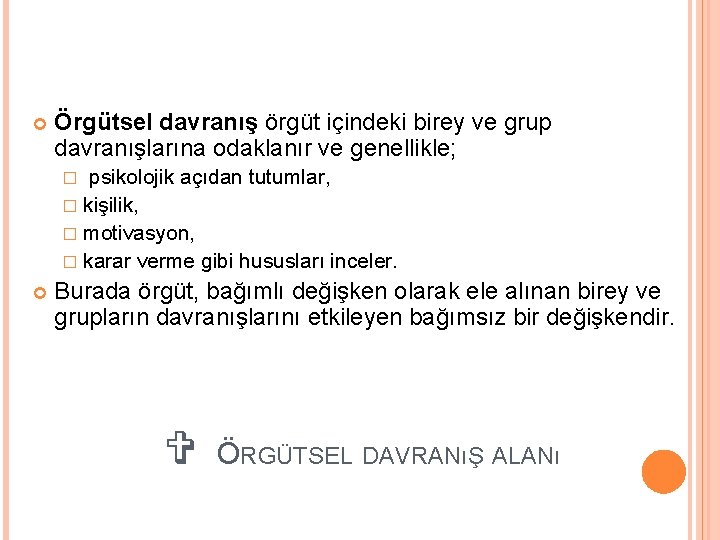  Örgütsel davranış örgüt içindeki birey ve grup davranışlarına odaklanır ve genellikle; � psikolojik