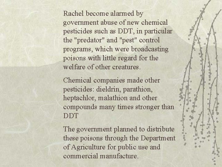 Rachel become alarmed by government abuse of new chemical pesticides such as DDT, in