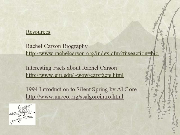 Resources Rachel Carson Biography http: //www. rachelcarson. org/index. cfm? fuseaction=bio Interesting Facts about Rachel