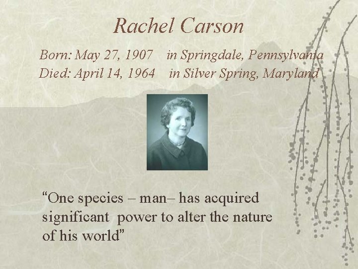 Rachel Carson Born: May 27, 1907 in Springdale, Pennsylvania Died: April 14, 1964 in