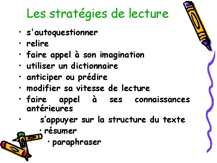 Les stratégies de lecture • • s'autoquestionner relire faire appel à son imagination utiliser