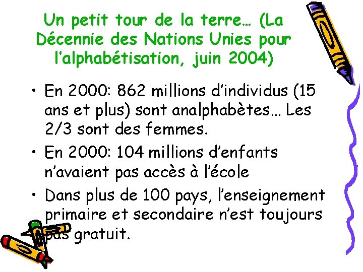 Un petit tour de la terre… (La Décennie des Nations Unies pour l’alphabétisation, juin