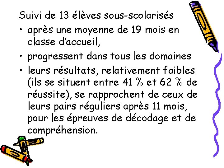 Suivi de 13 élèves sous-scolarisés • après une moyenne de 19 mois en classe