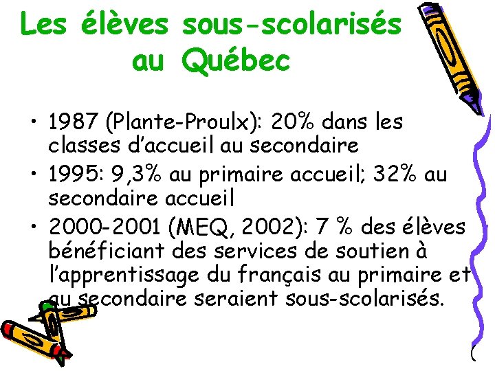 Les élèves sous-scolarisés au Québec • 1987 (Plante-Proulx): 20% dans les classes d’accueil au