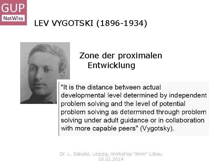 LEV VYGOTSKI (1896 -1934) Zone der proximalen Entwicklung Dr. L. Stäudel, Leipzig, Workshop "Am.