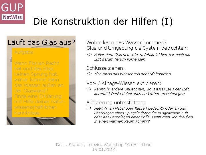 Die Konstruktion der Hilfen (I) Läuft das Glas aus? Aufgabe: Wenn Florian Recht hat