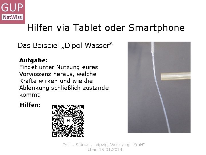 Hilfen via Tablet oder Smartphone Das Beispiel „Dipol Wasser“ Aufgabe: Findet unter Nutzung eures