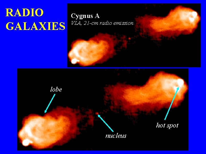 RADIO GALAXIES Cygnus A VLA, 21 -cm radio emission lobe hot spot nucleus 