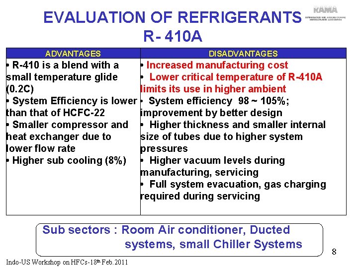 EVALUATION OF REFRIGERANTS R- 410 A ADVANTAGES DISADVANTAGES • R-410 is a blend with