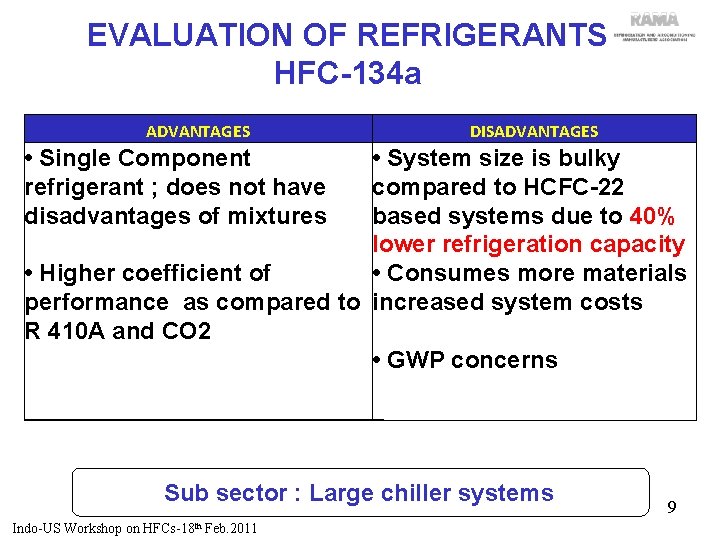 EVALUATION OF REFRIGERANTS HFC-134 a ADVANTAGES DISADVANTAGES • Single Component refrigerant ; does not