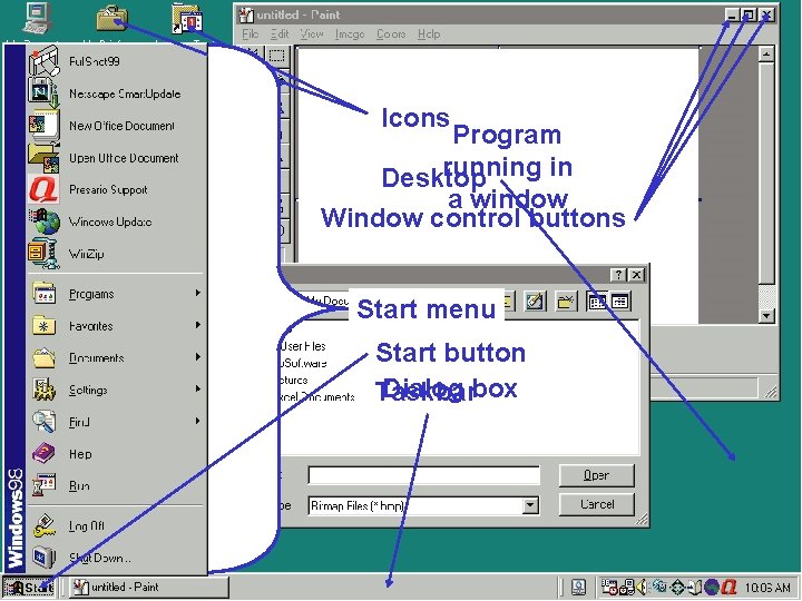 Icons Program running in Desktop a window Window control buttons Start menu Start button