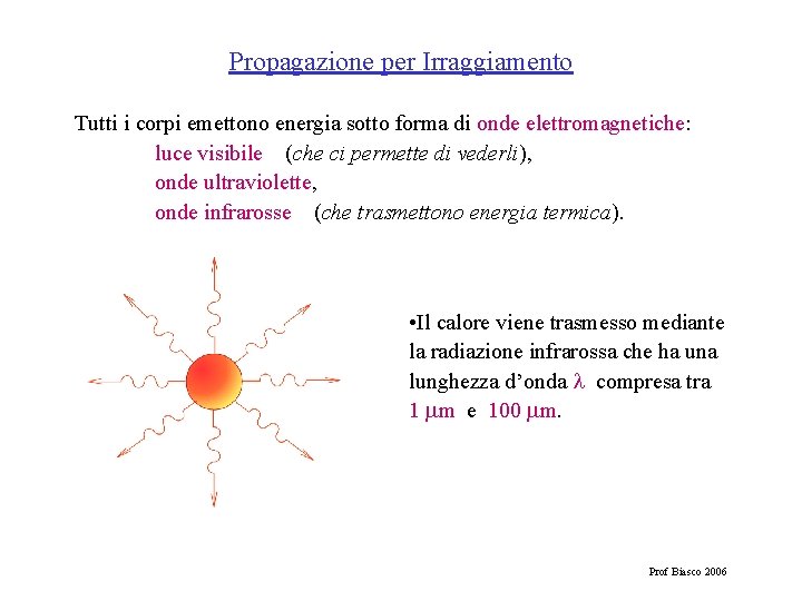 Propagazione per Irraggiamento Tutti i corpi emettono energia sotto forma di onde elettromagnetiche: luce