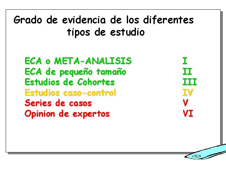 Grado de evidencia de los diferentes tipos de estudio ECA o META-ANALISIS ECA de