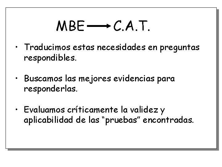 MBE C. A. T. • Traducimos estas necesidades en preguntas respondibles. • Buscamos las