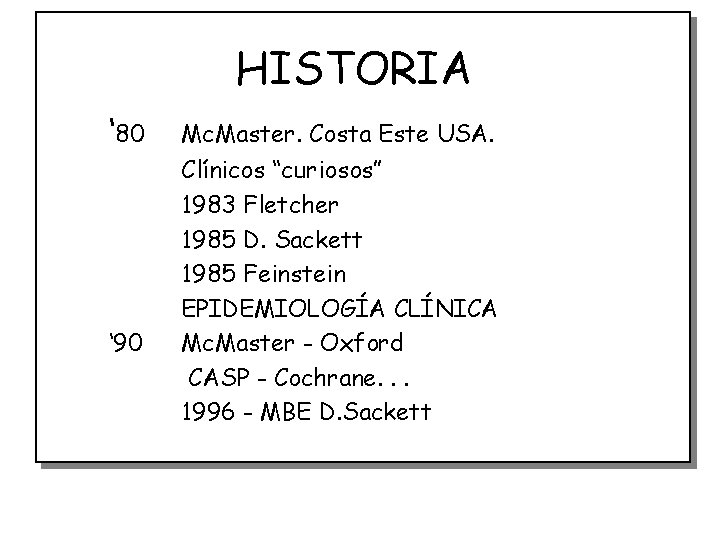 HISTORIA ‘ 80 ‘ 90 Mc. Master. Costa Este USA. Clínicos “curiosos” 1983 Fletcher