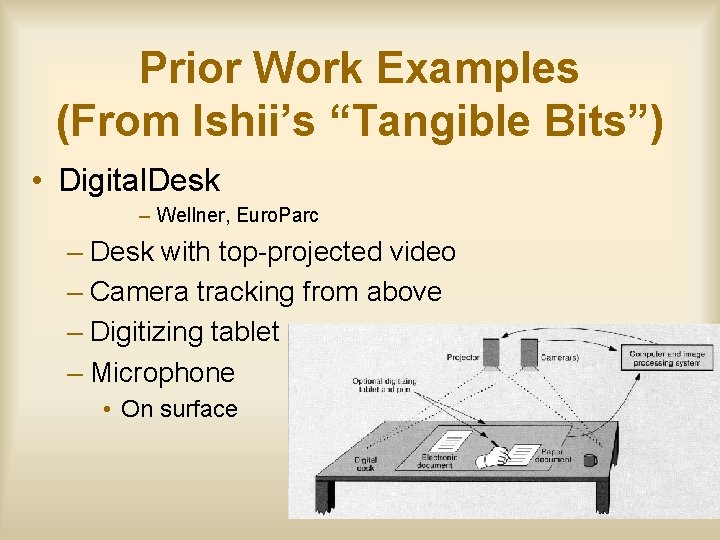 Prior Work Examples (From Ishii’s “Tangible Bits”) • Digital. Desk – Wellner, Euro. Parc