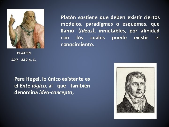 Platón sostiene que deben existir ciertos modelos, paradigmas o esquemas, que llamó (Ideas), inmutables,