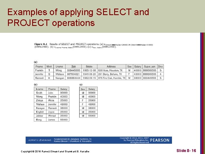 Examples of applying SELECT and PROJECT operations Copyright © 2016 Ramez Elmasri and Shamkant