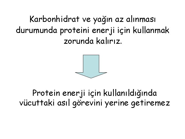 Karbonhidrat ve yağın az alınması durumunda proteini enerji için kullanmak zorunda kalırız. Protein enerji