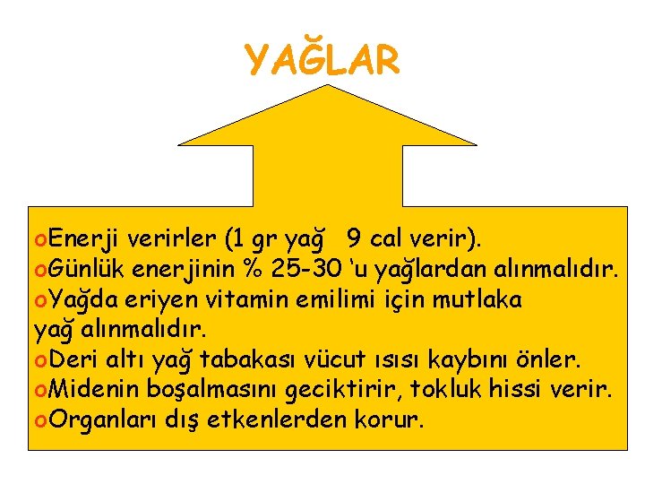 YAĞLAR o. Enerji verirler (1 gr yağ 9 cal verir). o. Günlük enerjinin %