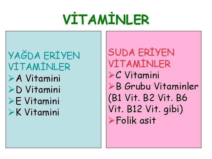 VİTAMİNLER YAĞDA ERİYEN VİTAMİNLER ØA Vitamini ØD Vitamini ØE Vitamini ØK Vitamini SUDA ERİYEN