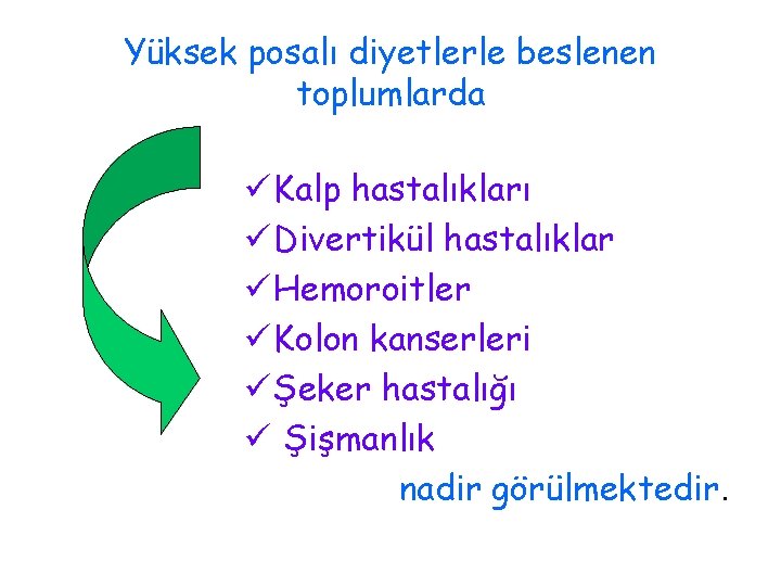 Yüksek posalı diyetlerle beslenen toplumlarda ü Kalp hastalıkları ü Divertikül hastalıklar ü Hemoroitler ü