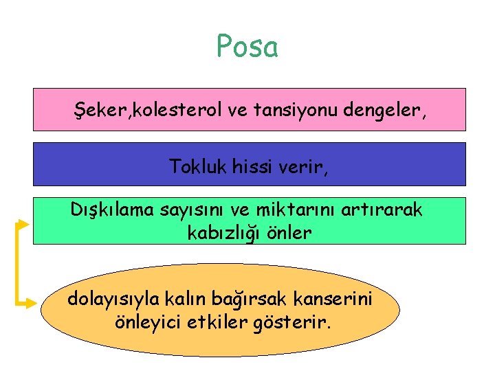 Posa Şeker, kolesterol ve tansiyonu dengeler, Tokluk hissi verir, Dışkılama sayısını ve miktarını artırarak