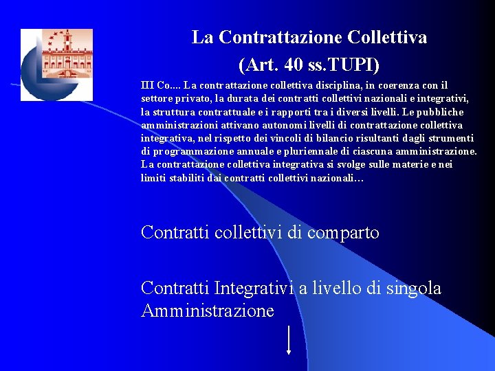 La Contrattazione Collettiva (Art. 40 ss. TUPI) III Co. . La contrattazione collettiva disciplina,