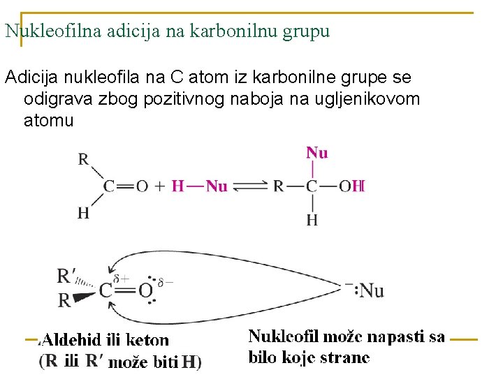 Nukleofilna adicija na karbonilnu grupu Adicija nukleofila na C atom iz karbonilne grupe se