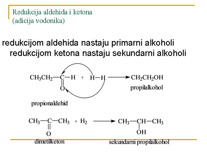 Redukcija aldehida i ketona (adicija vodonika) redukcijom aldehida nastaju primarni alkoholi redukcijom ketona nastaju