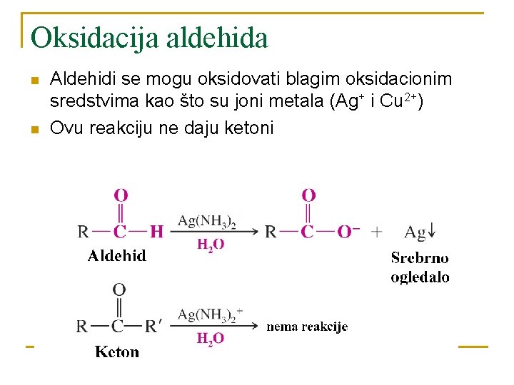 Oksidacija aldehida n n Aldehidi se mogu oksidovati blagim oksidacionim sredstvima kao što su