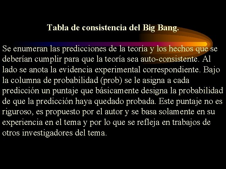 Tabla de consistencia del Big Bang. Se enumeran las predicciones de la teoría y