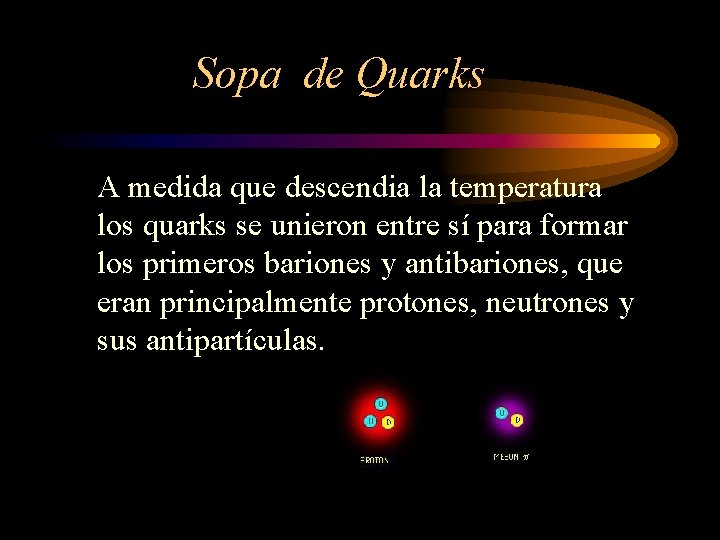 Sopa de Quarks A medida que descendia la temperatura los quarks se unieron entre