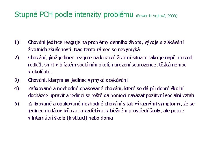 Stupně PCH podle intenzity problému (Bower in Vojtová, 2008) 1) Chování jedince reaguje na