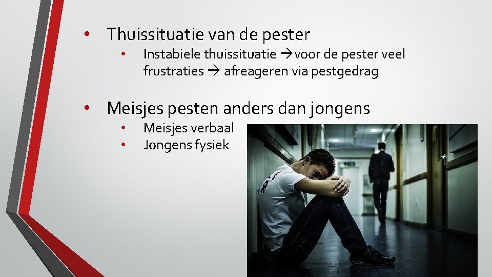  • Thuissituatie van de pester • Instabiele thuissituatie voor de pester veel frustraties