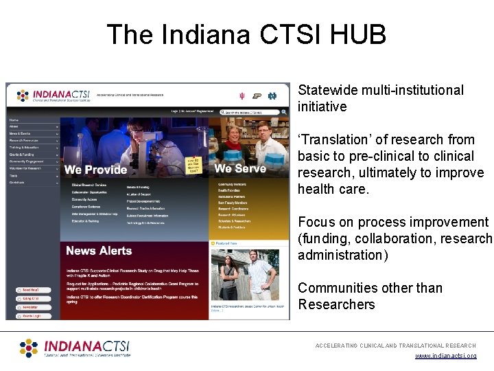 The Indiana CTSI HUB Statewide multi-institutional initiative ‘Translation’ of research from basic to pre-clinical