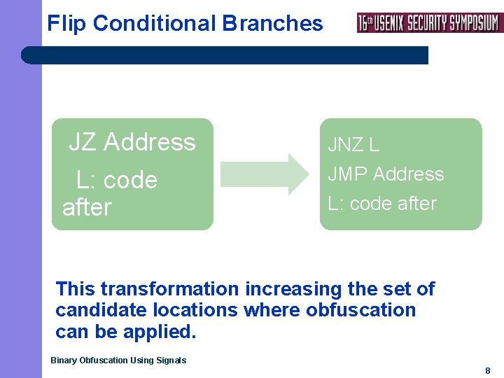 Flip Conditional Branches JZ Address L: code after JNZ L JMP Address L: code