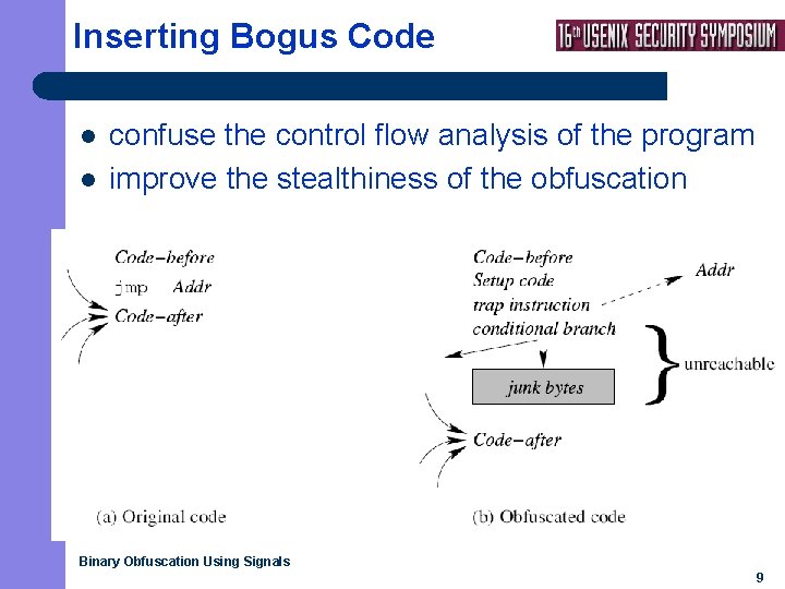 Inserting Bogus Code l l confuse the control flow analysis of the program improve